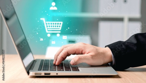 Hands typing on laptop with holographic user and shopping cart, e-commerce concept.