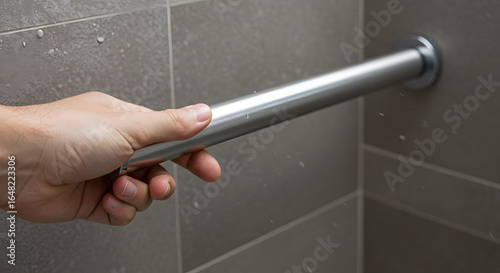 Hand gripping shower grab bar for safety and support in tiled bathroom with water droplets, accessibility aid