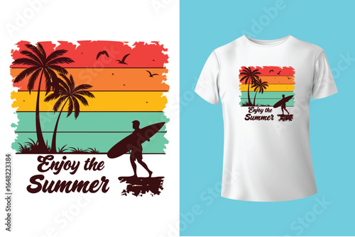 Colorful summer t-shirts on display at a vibrant store during sunny days.	