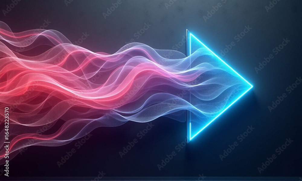 Fototapeta premium Dynamic neon arrow points right, accompanied by flowing red and white light trails on a dark background, symbolizing progress and energy.