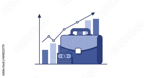 Business growth shown with a positive trend line, bar graph, briefcase, and money stack for financial success