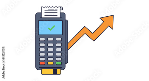 Modern payment terminal showing success with a rising arrow, financial growth and cashless transactions