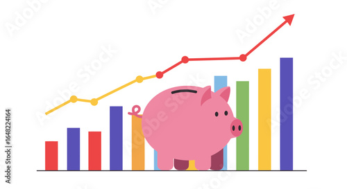 Smart investments with financial growth shown by a piggy bank and rising graph lines and colorful bar chart