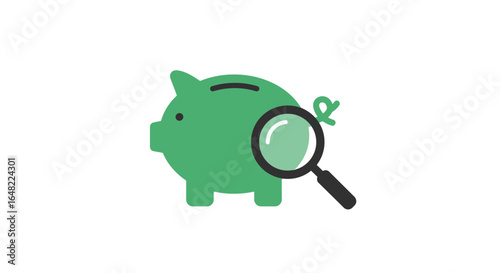 Investigate your finances using a classic green piggy bank with a magnifying glass for savings review