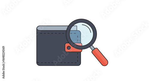 Wallet under scrutiny with magnifying glass, money management and financial analysis, vector origin design