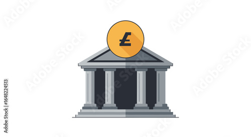 Modern bank icon with pound symbol, financial building with columns for currency and investments