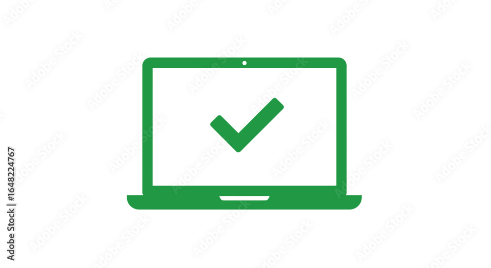 Laptop with green checkmark symbol indicating approval, success, or completion of a task Laptop with green checkmark symbol indicating approval, success, or completion of a task