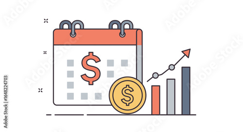 Financial growth and planning concept with calendar, coin and rising graph illustration