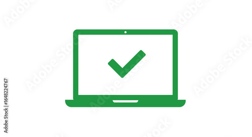 Laptop with green checkmark symbol indicating approval, success, or completion of a task