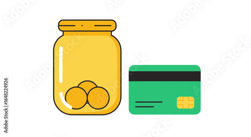 Saving money concept with a jar and credit card, ideal for finance and banking marketing