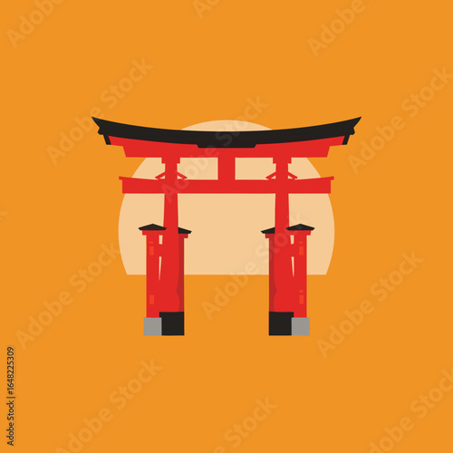 vector of a red Japanese Torii gate in front of a setting sun, symbolizing Japanese culture, tradition, shrine, spiritual gateway, or travel.