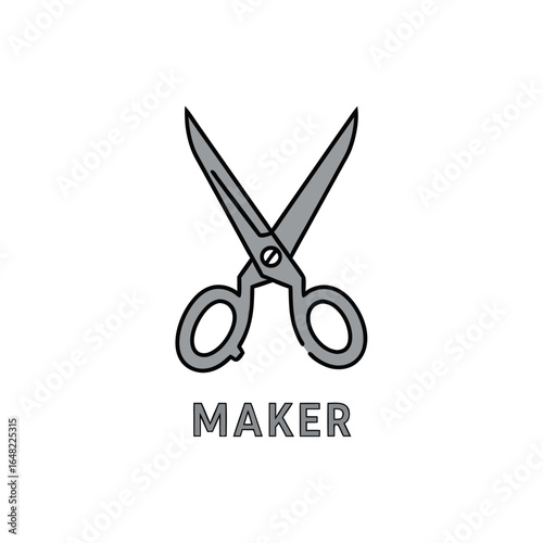 vector of grey open scissors with the word "MAKER" below, symbolizing crafting, DIY, creativity, and cutting tools.