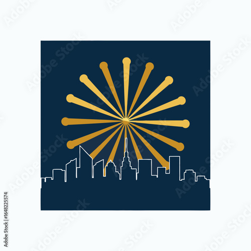 vector of a city skyline silhouette with a vibrant sunburst or fireworks effect, representing urban life and celebration.