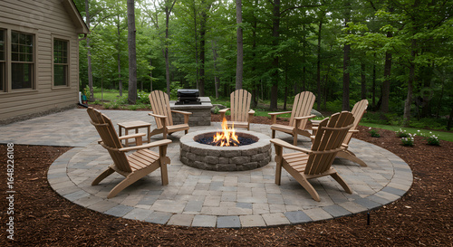 Cozy Backyard Patio with Stone Fire Pit, Adirondack Chairs, and Outdoor Kitchen Surrounded by Green Woods
