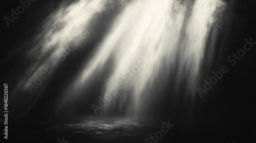 Dramatic beams of light piercing through darkness, creating a misty, ethereal atmosphere with soft light rays spreading across a dark space