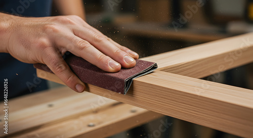 Close-up of hands sanding wood with sandpaper for a smooth finish, DIY woodworking project