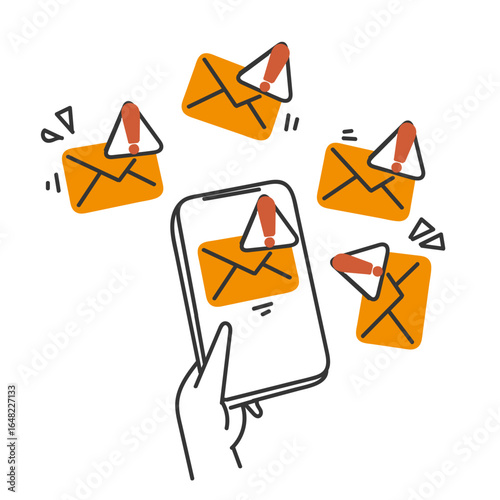 Spam email alert on mobile phone illustration icon in hand drawn doodle style
