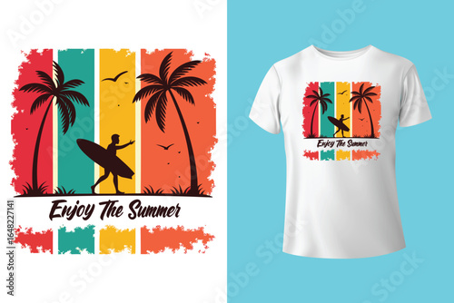 Colorful summer t-shirts on display at a vibrant store during sunny days.	