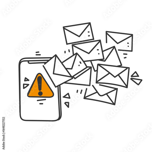 Spam email alert on mobile phone illustration icon in hand drawn doodle style