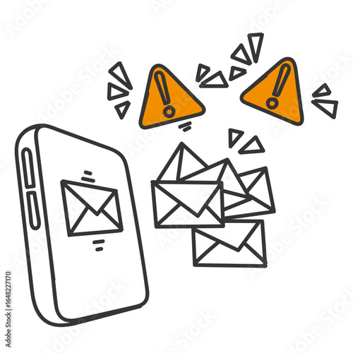 Spam email alert on mobile phone illustration icon in hand drawn doodle style