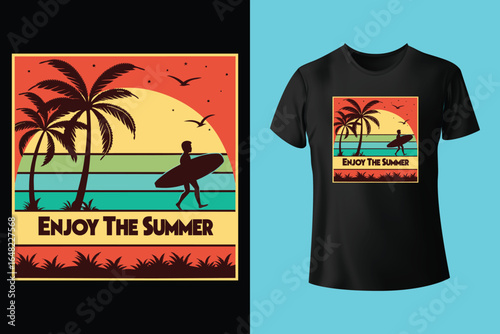 Colorful summer t-shirts on display at a vibrant store during sunny days.	
