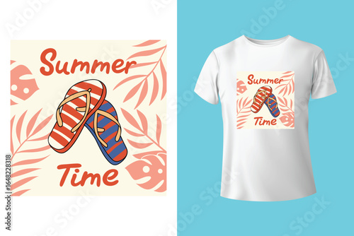 Colorful summer t-shirts on display at a vibrant store during sunny days.	