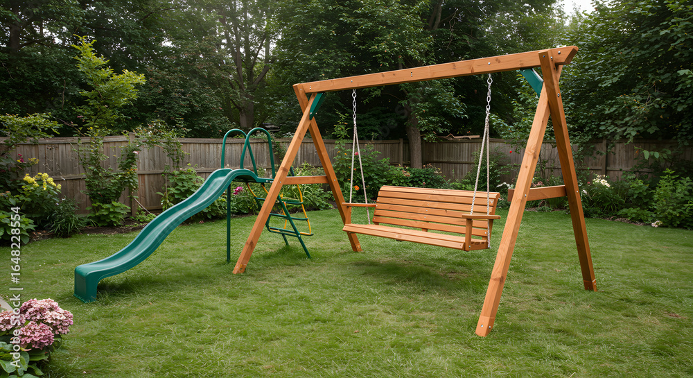 Fototapeta premium Classic Wooden Swing Set and Green Slide in a Home Backyard Garden