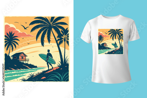 Colorful summer t-shirts on display at a vibrant store during sunny days.	
