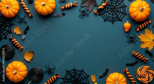 Halloween flat lay frame with festive items on dark background mockup for text. Creative composition with pumpkin and black spider web.