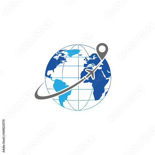vector of a globe with an airplane path and a location pin, symbolizing global travel, logistics, or worldwide delivery.