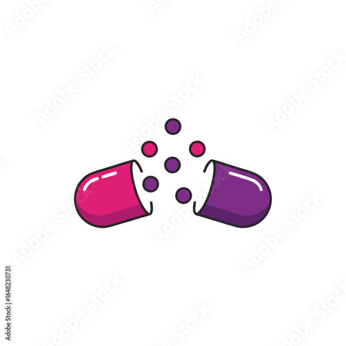 vector of an open capsule pill releasing small spheres, representing medicine, supplements, healthcare, pharmaceutical, or drug delivery concepts.
