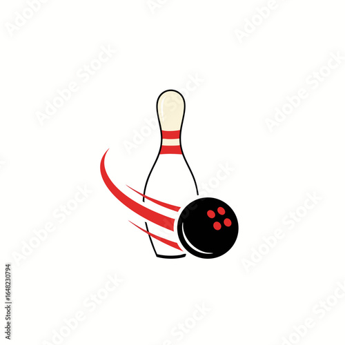 vector of a bowling ball striking a bowling pin with a red streak, depicting the sport of bowling.