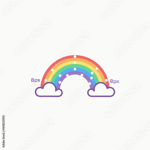 vector of a colorful rainbow with clouds and pixel annotations, representing design, weather, and graphic measurements.