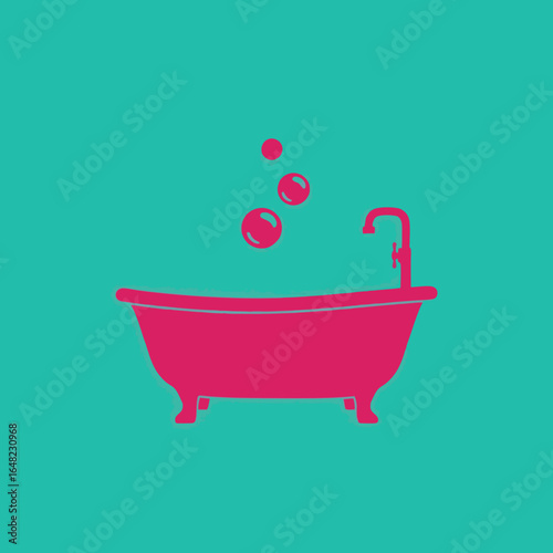 vector of a pink vintage bathtub with bubbles and a faucet, set against a teal background, symbolizing relaxation and self-care.