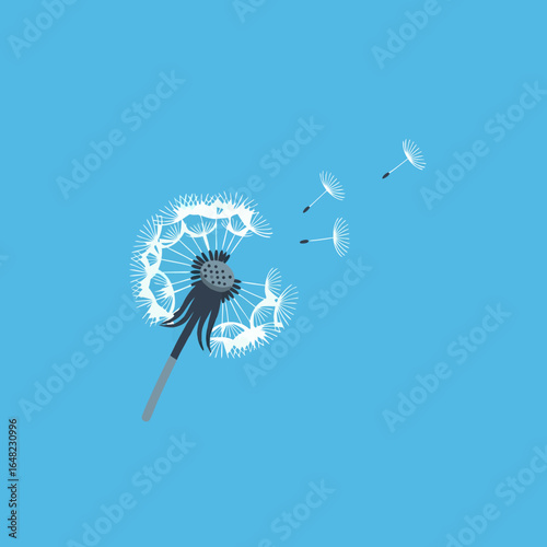vector of a white dandelion blowing in the wind with seeds dispersing, symbolizing freedom and wishes.