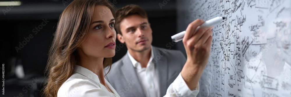 Obraz premium A man and a woman are writing on a whiteboard