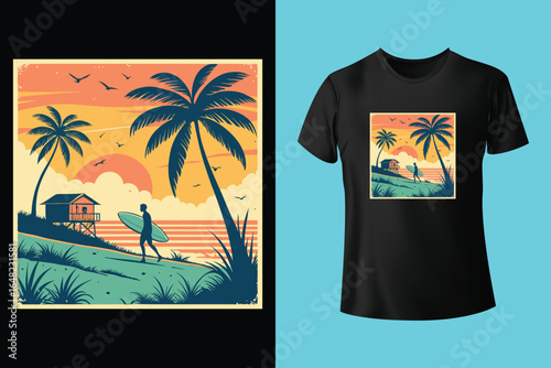 Colorful summer t-shirts on display at a vibrant store during sunny days.	