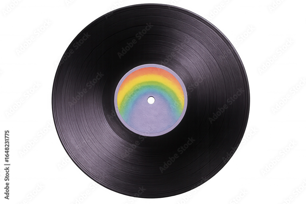 Fototapeta premium Vintage vinyl record spinning, rainbow label gleaming against transparent backdrop, capturing retro music essence and analog sound memories