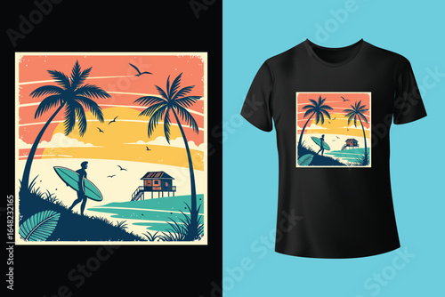 Colorful summer t-shirts on display at a vibrant store during sunny days.	