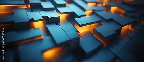 Abstract close-up view of interlocking blue blocks with glowing orange light shining through gaps, creating a futuristic and dynamic pattern