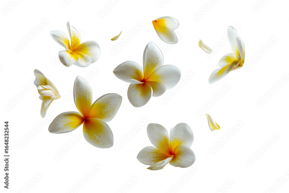 Obraz premium Elegant White and Yellow Frangipani Flowers on Black Background for Natural Beauty and Serenity Themes