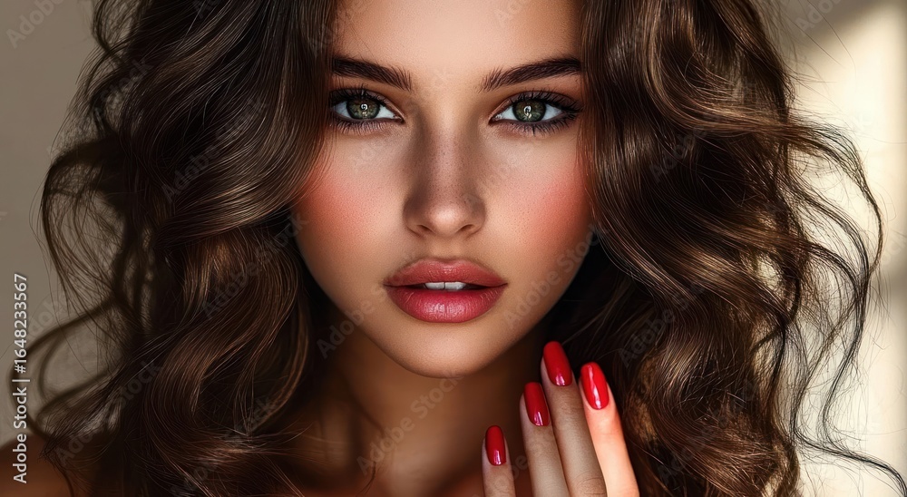Fototapeta premium Close-up portrait of a young woman with wavy brown hair and striking green eyes, wearing red nail polish and subtle makeup, expressing confidence and allure