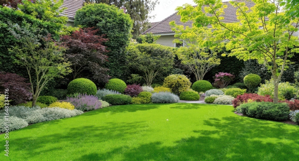 Naklejka premium Well-maintained garden with lush greenery and diverse plants.