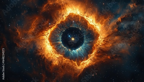 Vivid cosmic nebula resembling an eye with fiery orange and deep blue colors surrounded by countless stars in space