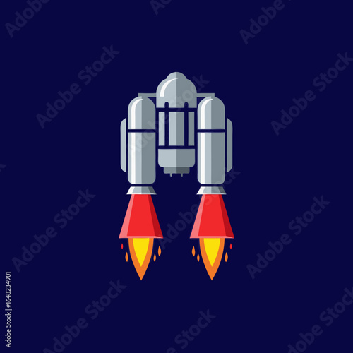 vector of a futuristic silver jetpack with red and orange flames, symbolizing propulsion, innovation, and space travel or personal flight.