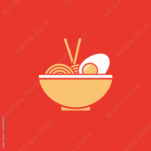 vector of a steaming bowl of ramen noodles with an egg and chopsticks, a popular Japanese comfort food, on a vibrant red background.