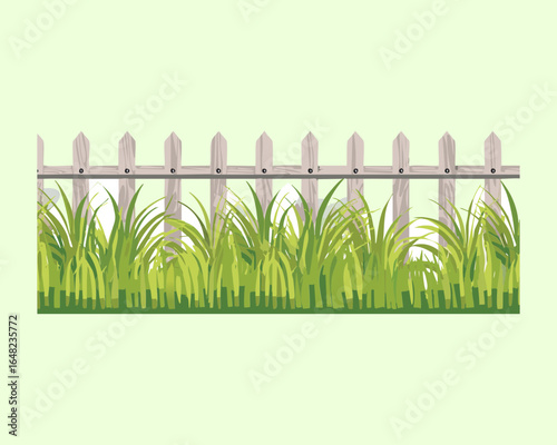 Simple Wooden Picket Fence and Green Grass, Isolated Rural Nature Scene