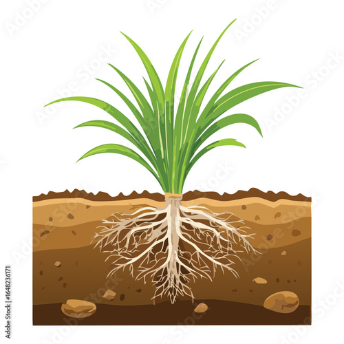 Cross-Section of a Grass Plant Showing Roots in the Soil and Layers