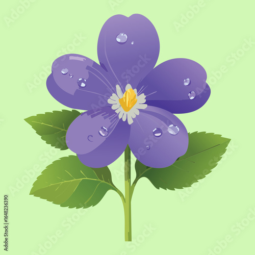 Detailed Violet Flower with Water Drops on Light Green