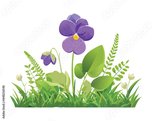 An illustration of a pansy plant in a pot of green grass